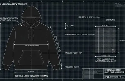 Detailed blueprint of a streetwear hoodie showcasing the exact dimensions of the front print placement grid