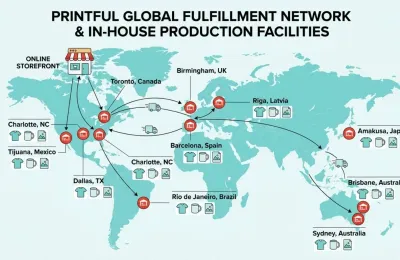 A world map showing Printful's in-house production facilities connected to an online storefront, illustrating its fulfillment network