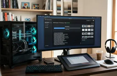 A high-performance workstation running desktop automation software to batch-process apparel mockup files