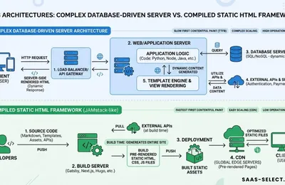 A conceptual diagram contrasting a complex database-driven server architecture with a compiled static HTML framework.