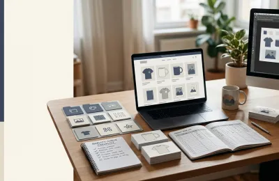 A solo print-on-demand seller organising design files, product templates, mockups and publishing checks across a no-code workflow