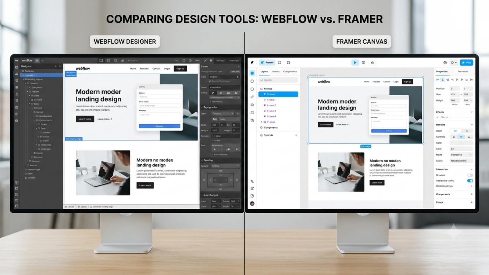 Side-by-side comparison of the Webflow interaction timeline panel and Framer's component variant interface