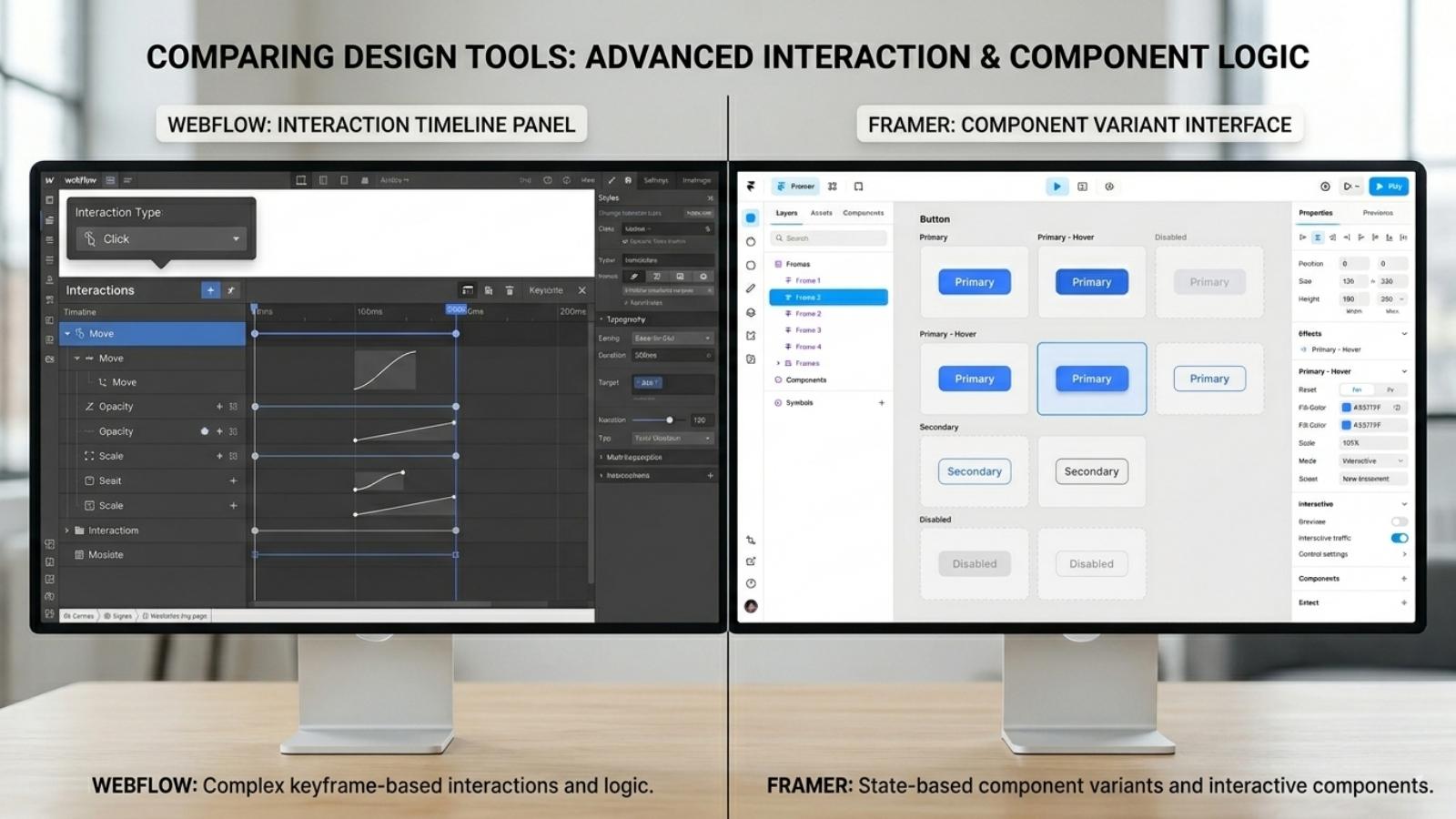 Image Alt: Side-by-side comparison of the Webflow interaction timeline panel and Framer's component variant interface